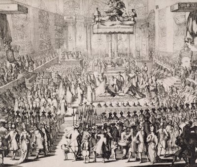 1689年4月21日、ウェストミンスター寺院でのウィリアムオブオレンジ（1650-1702）とメアリー（1662-94）の戴冠式 作： Dutch School