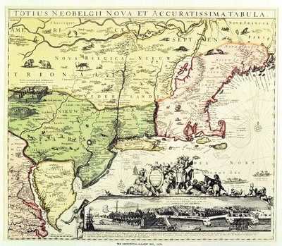 刻まれたパブであるニューアムステルダムのRestitutio-Allardtマップ。 Carolus Allardt、1673年（銅版画） 作： Dutch School