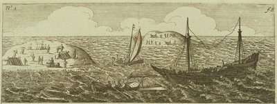 アムステルダムで出版された「船バタビアの不運な航海」からの船の分裂 作： Dutch School