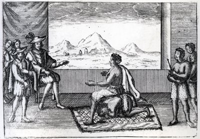 1622年、ンドンゴのンジンガ女王とルアンダのポルトガル総督ジョアン・コレイア・デ・ソウザの会談（エングレーヴィング） 作： Dutch School