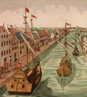 デルフトのケッテル門の眺め、港の運河の船舶の詳細（エングレービング）（83371の詳細） 作： Dutch School