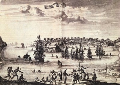 1676年にアムステルダムで公開された港とゴールの町の眺め 作： Dutch School