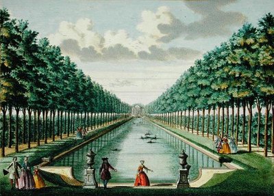 1700年から1730年頃に出版されたヘンドリック・デ・レスとマティアス・ブルエリウス・ヴァン・ニデックの作品「Het Zeganplant Kennemerlant」からのパビリオンと運河の眺め（彩色済みエングレーヴィング） 作： Dutch School