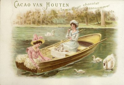 手漕ぎボートの女性、チョコレートを飲む 作： Dutch School