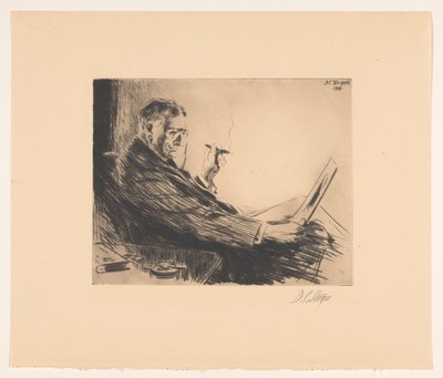 手に葉巻を持って版画を見る男性 印刷愛好家 作： Dwight Case Sturges (signed by artist)