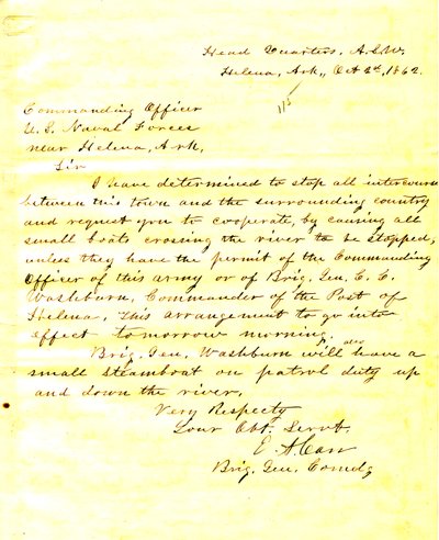 1862年10月2日、アーカンソー州ヘレナのE・A・カーからアーカンソー州ヘレナ付近の米海軍部隊の司令官への手紙 作： E.A. Carr