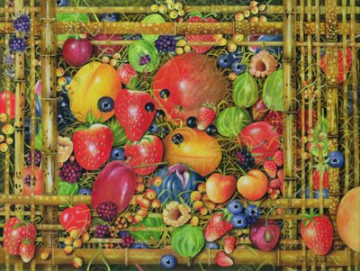 竹箱の中の果物、1999（キャンバスにアクリル） 作： E.B. Watts