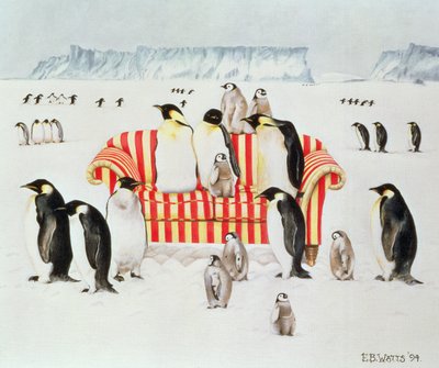 赤と白のソファーにペンギン、1994（アクリル） 作： E.B. Watts
