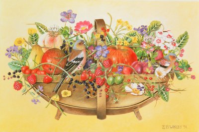 果物、花、ズアオアトリ、1991年のアクリル（アクリル） 作： E.B. Watts