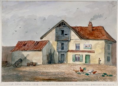 リトル ベル ヤードの眺め、ホワイトクロス ストリート、前景にニワトリがいる、ロンドン、1868 年 作： EH Davies