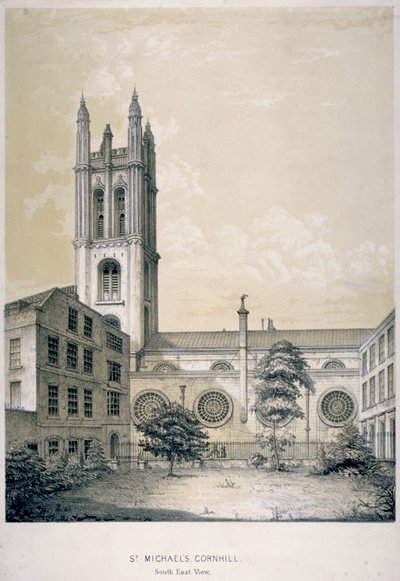 セント マイケル教会の南東の眺め、コーンヒル、ロンドン市、1840 年 作： EJ Dickinson