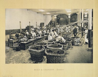 La France Vinicoleのシャンパンの瓶詰め、Moet＆Chandon、Epernayから出版（フォトリソ） 作： E.M. Choque