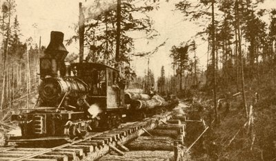 伐採鉄道、ブリティッシュコロンビア州、1930年。 作： ENA
