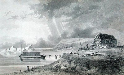 アトキンソン島のエスキモーの冬の家（7月13日）サー・ジョン・フランクリン（1786-1847）の「Narrative of a Second Expedition to the Shores of the Polar Sea in the Years 1825-27」より、エドワード・フィンデン（1791-1857）が1828年に出版したエングレービング。 作： E.N. (after) Kendall