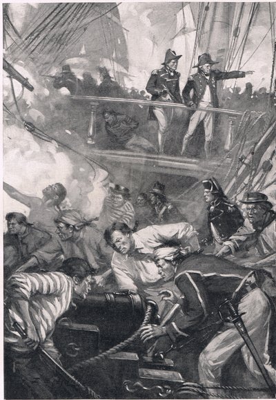 昔の時代の彼らの闘い、「陸と海でのイギリスの戦い」のイラスト、ロンドン、カッセル発行、1910年 作： E.S. Hodgson