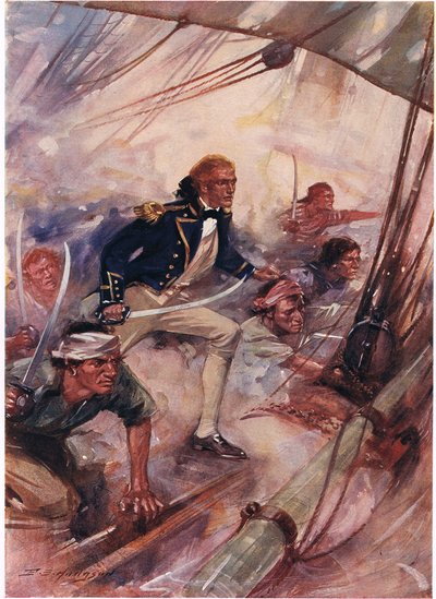 ネルソン、セントビンセントの戦いでサンジョセフに搭乗、「陸と海での英国の戦い」のイラスト、ロンドン、カッセル発行、1910年 作： E.S. Hodgson