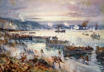 ガリポリへのオーストラリア軍の上陸、1915年4月（カラーリトグラフ 作： E.S. Hodgson