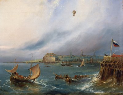 イギリス海峡の最初の気球通過、1785年1月7日、1840年頃 作： E.W. Cocks