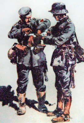 西部戦線で負傷した将校を治療する救急隊員 作： E. (after) Dobrich