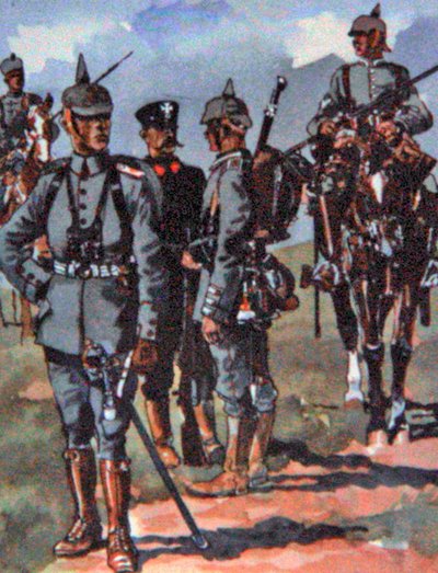 1914年のドイツ軍野戦服（カラーリトグラフ） 作： E. (after) Dobrich