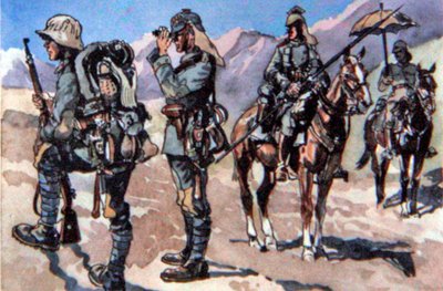 1917年のドイツ軍の制服、マケドニア戦線（カラーリトグラフ） 作： E. (after) Dobrich
