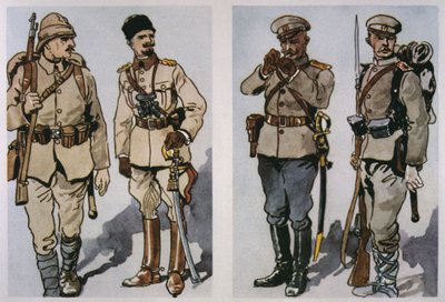 1917年のトルコの歩兵・将校（左）と1917年のブルガリアの歩兵・足軽（右）（カラーリトグラフ 作： E. (after) Dobrich