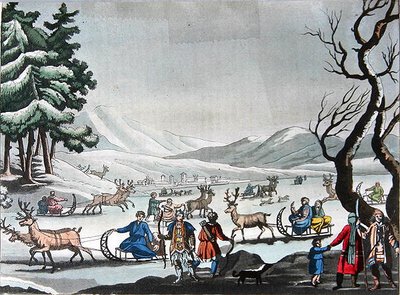 トナカイの引くソリに乗って冬の野営地を離れるツングース族（1820年頃）（カラー図版 作： E. (after) Karnejeff
