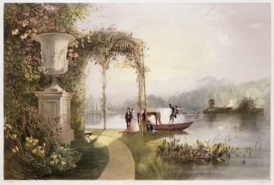 「イングランドの庭園」からのトレンタムホールガーデンズ湖、1857年に発行（クロモリト） 作： E. Adveno Brooke