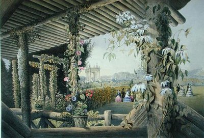 1857年に出版された「Gardens of England」から「Shrublands, Rustic Seatからの眺め」（カラーリトグラフ）。 作： E. Adveno Brooke