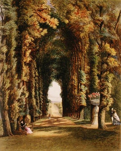 テデスリーの庭園にある「ビスタ」（1857年発行の「The Gardens of England」より）（カラーリトグラフ 作： E. Adveno Brooke