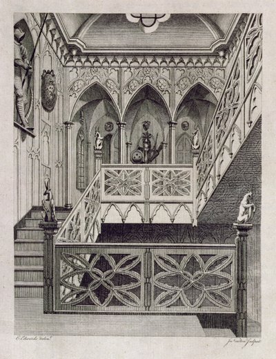 ホレイスウォルポール作「ストロベリーヒルの説明」（1784年）から、J。ニュートンによって彫刻されたストロベリーヒルの階段 作： E Edwards