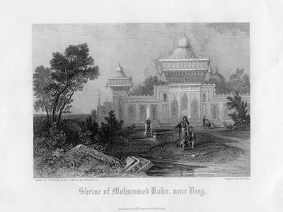 19世紀半ばにインド、ラジャスタン州ディーグの近くにあるモハメッドカーンの神社。 作： E. Finden