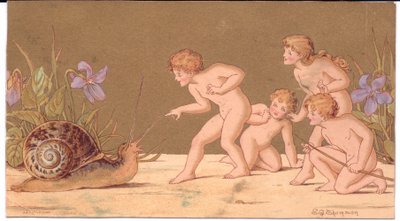 金色の背景にカタツムリをからかう4人の裸の妖精のビクトリア朝のグリーティングカード、Gertude Thompson作、1895年頃（カラーリソ） 作： E. Gertrude Thompson