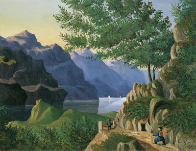 ハイカーがいる山の湖 作： E. Guenther