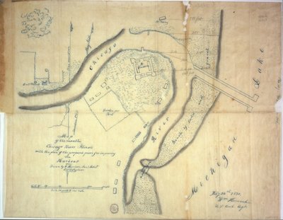イリノイ州シカゴ川の河口の地図、1830年に港を改善するために提案された桟橋の計画 作： E. Harrison