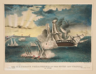 トリポリ沖の岩の上に立つ米フリゲート艦フィラデルフィア 作： E. J. Pinkerton