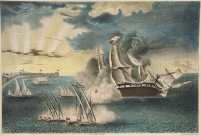 アメリカのフリゲートフィラデルフィアは陸軍と海軍の雑誌、パブからトリポリ沖の岩の上にあります。 1840（カラーリトグラフ） 作： E. J. Pinkerton