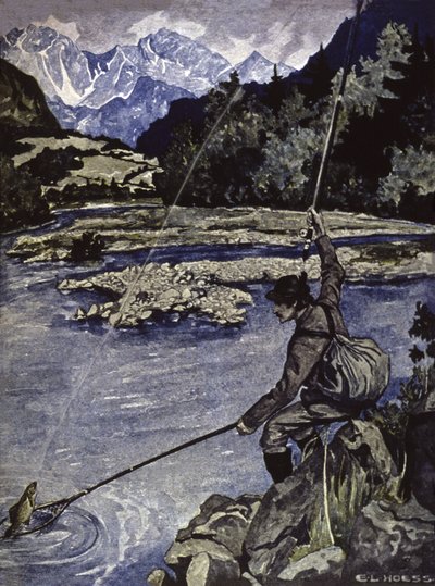 川での釣り、1900年頃（イラスト） 作： E. L. Hoess