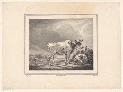 立っている牛と横になっている羊の風景 作： E. L. Huygens (possibly)