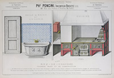 キッチンとバスルームのデザイン、「Poncini」カタログのイラスト、19世紀後半（カラーリトグラフ 作： E. Le Baron