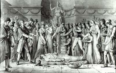 クラブデコルデリエ礼拝堂のジャンポールマラットの葬儀（1743-93）、1793年7月16日、c.1793（紙にペンとインク）（bw写真） 作： E. Le Sueur