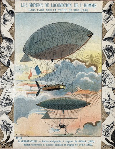 1852年にHenri Giffardが発明した飛行船と1872年にDupuy de Lomeが発明した航行可能な飛行船 - 19世紀後半の学校図書の保護スリーブより - Henry Giffard（1825 - 1882）の飛行船1852年とHenri Dupuy de Lomeのle ballon haubanne 作： E. Letellier
