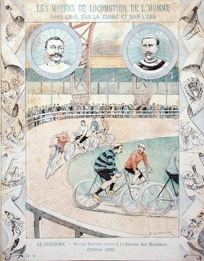 シャルル・テロン（1857-1932）とジュール・コレ（1893年2月、ギャラリー・デ・マシーンにて）、教科書より（カラーリトグラフ 作： E. Letellier