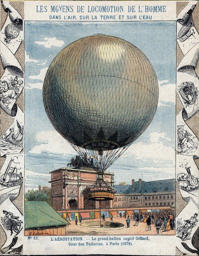 1878年にパリのチュイルリーで開催されたアンリ・ジファールの捕虜の気球の膨張操作と装備 - 19世紀後半の学校図書の保護スリーブから - E Letellierによるイラスト - 1878年のパリ万国博覧会：気球の膨張操作 作： E. Letellier