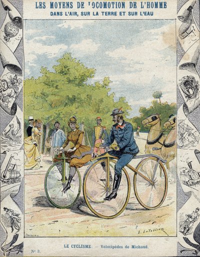 Pierre Michaux and Michaudine velocipedes - From a protective sleeve for school books, late 19th century - velocipedes a pedale (les michaudines) by Pierre Michaux (1813-1883) 作： E. Letellier