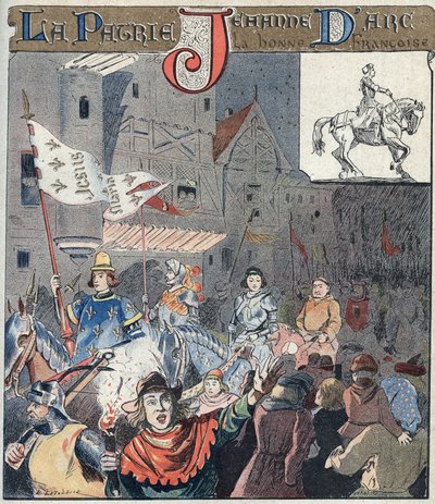 1429年5月8日のジョアン・オブ・アルクのオルレアンへの入場 - 19世紀後半、学校図書用の保護スリーブより - 百年戦争：1429年5月8日のジョアン・オブ・アルク（1412-1431）のオルレアンへの入場 - イラスト：E Letellier - Protege notebook histo 作： E. Letellier