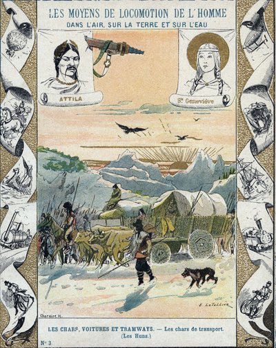 輸送用戦車 - アッティラのフン族（約395～453年） - 野蛮人の侵略 - E Letellierによるイラスト - 歴史的なノートを保護するために、19世紀後半 - 作： E. Letellier
