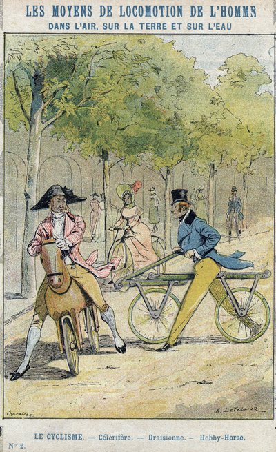 Velocipedes - English celerifere - Draisienne, the ancestor of bicycle - From a protective sleeve for school books, late 19th century - illustration by E Letellier - Celerifere - Draisienne - Hobby-Horse (Nobby Horse) - Protect notebook historique, fin 19t 作： E. Letellier