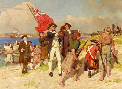 ジェームズ・クック中尉のボタニー湾上陸、1770年4月29日（E・フィリップス・フォックス画） 作： E.フィリップスフォックス