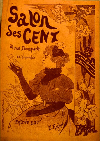 招待状を調べる女性、サロン・デ・サン 作： E. Rocher